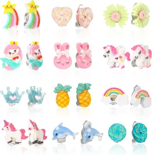 12 Pairs Kids Clip On Earrings for Girls, No Pierced Design Rainbow Earrings for Kids, Princess Clip-on Stud Set, Dress Up Princess Jewelry Accessories