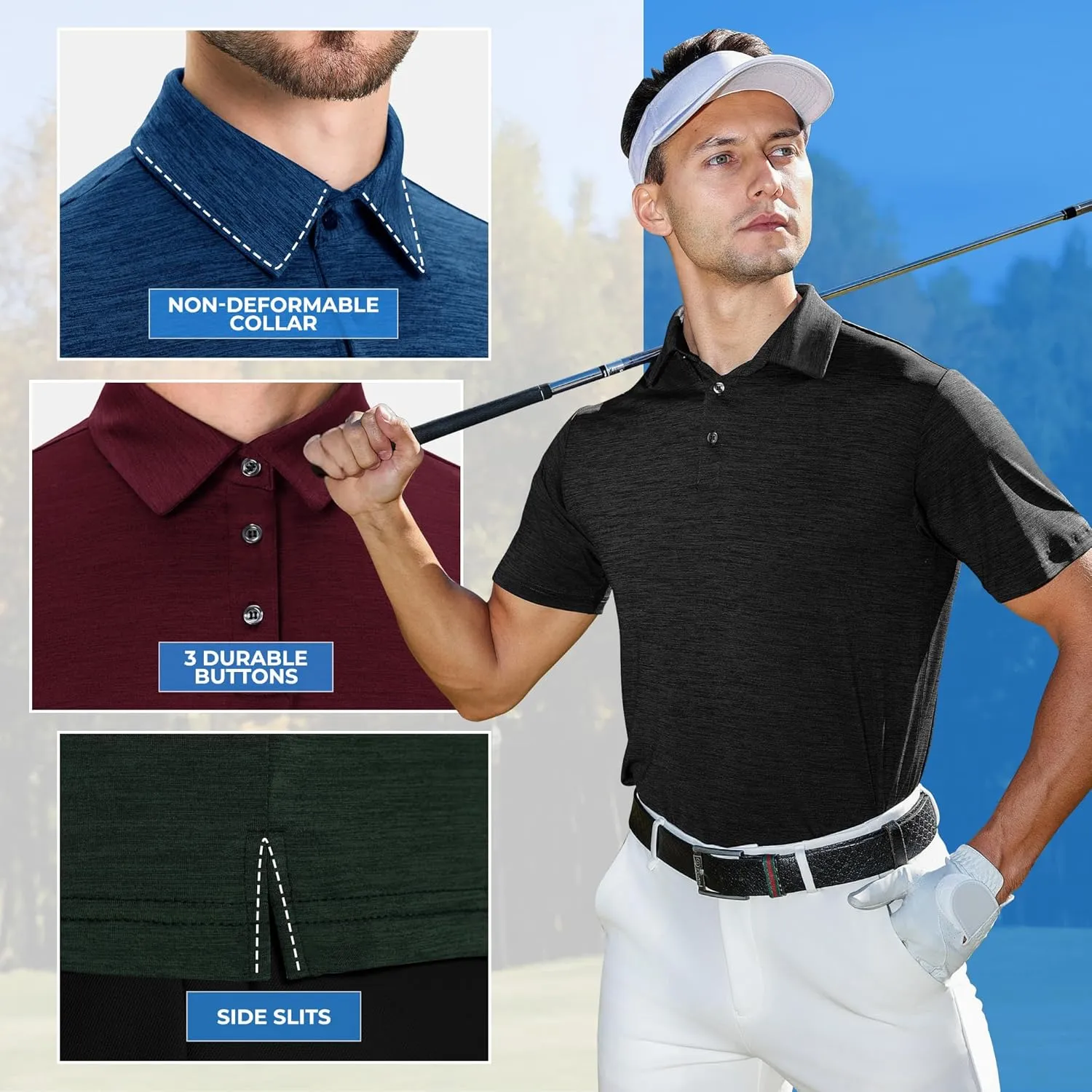 3 Pack Polo Shirts for Men - Dry Fit Moisture Wicking Performance Golf Shirts Black Short Sleeve for Work Casual Athletic