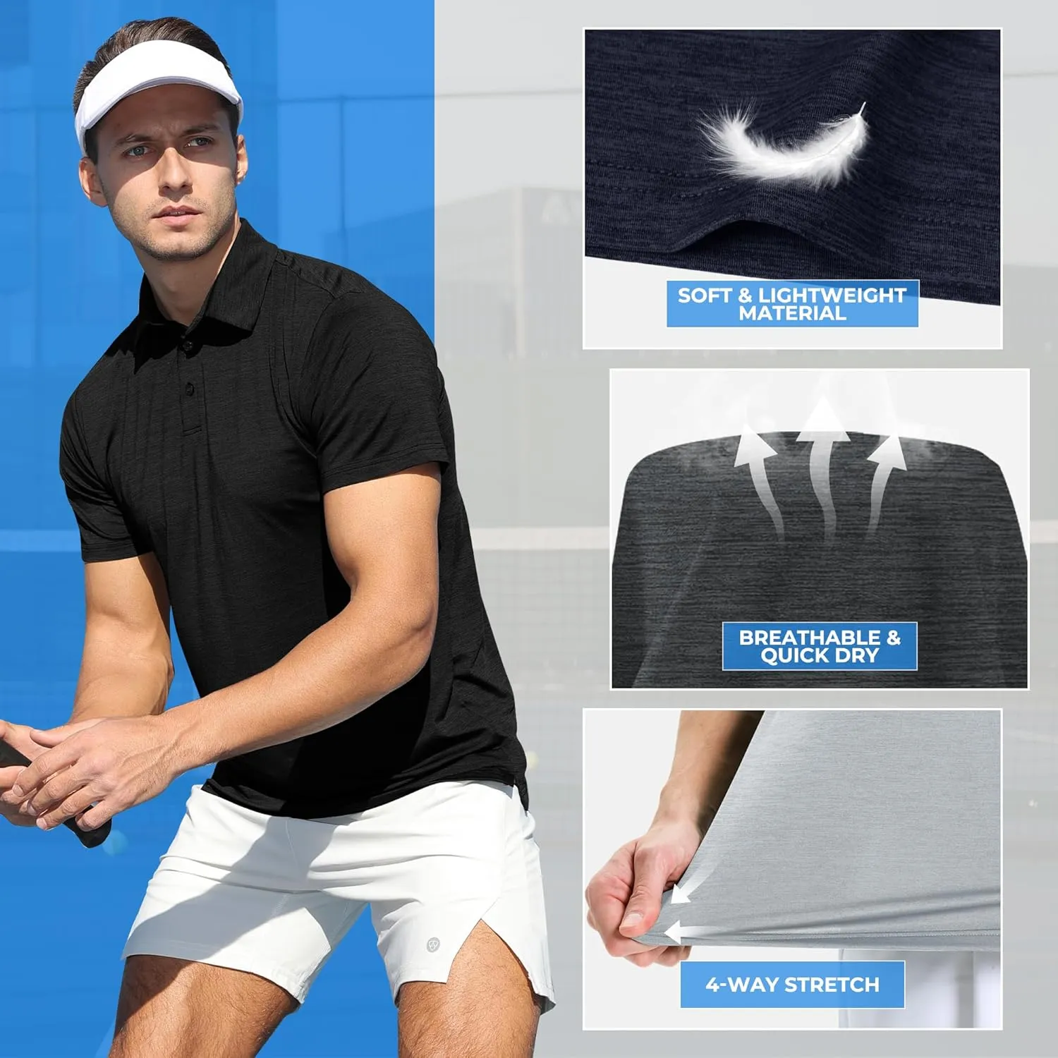 3 Pack Polo Shirts for Men - Dry Fit Moisture Wicking Performance Golf Shirts Black Short Sleeve for Work Casual Athletic