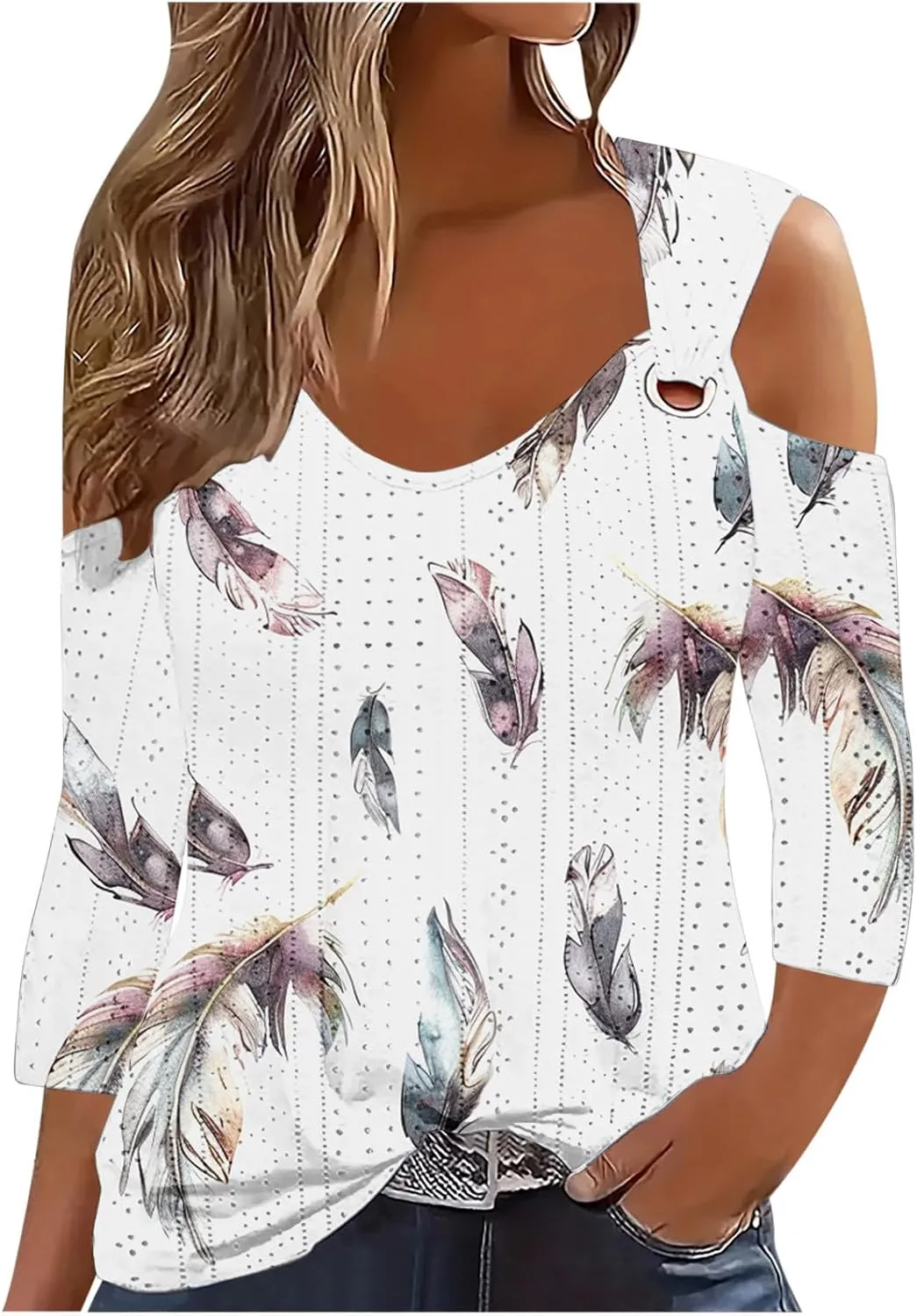 3/4 Length Sleeve Womens Cold Shoulder Tops Trendy Hollow Out Eyelet Shirts Plus Size Casual Beach Vacation Tee Blouse