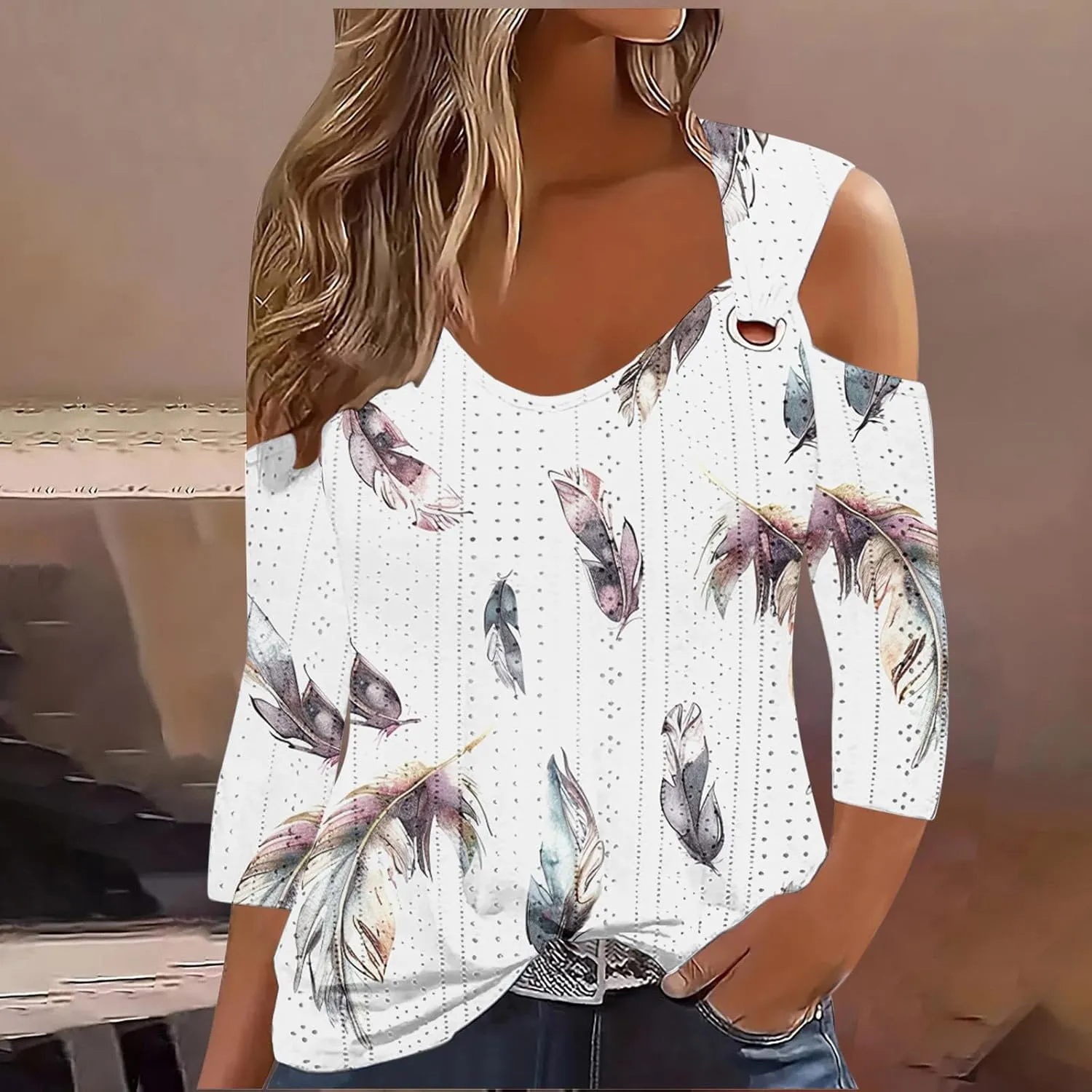 3/4 Length Sleeve Womens Cold Shoulder Tops Trendy Hollow Out Eyelet Shirts Plus Size Casual Beach Vacation Tee Blouse