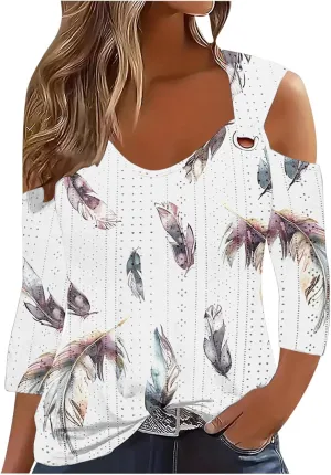 3/4 Length Sleeve Womens Cold Shoulder Tops Trendy Hollow Out Eyelet Shirts Plus Size Casual Beach Vacation Tee Blouse