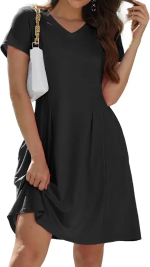 Alaster Queen Womens 2025 Casual Summer Dresses Flowing V Neck Mini Dress Short Sleeve T Shirts for Women with Pocket