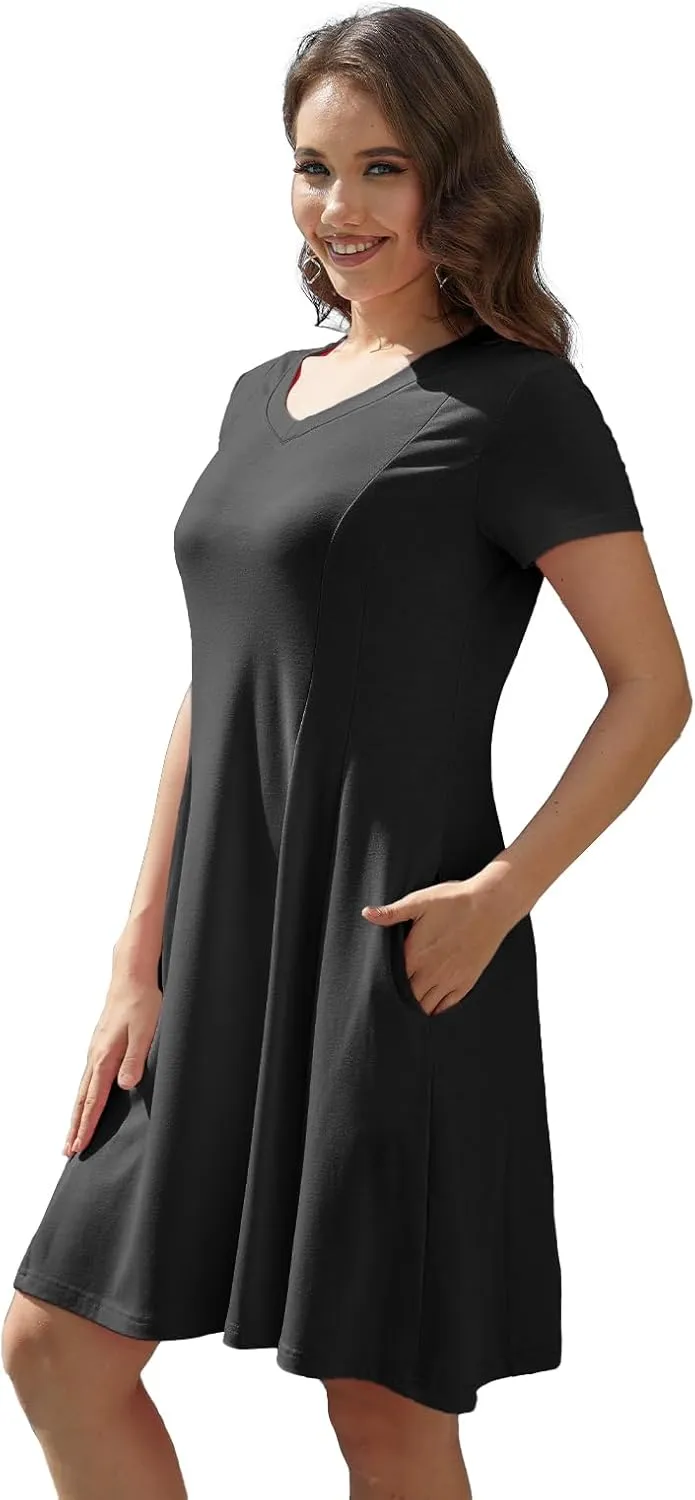 Alaster Queen Womens 2025 Casual Summer Dresses Flowing V Neck Mini Dress Short Sleeve T Shirts for Women with Pocket