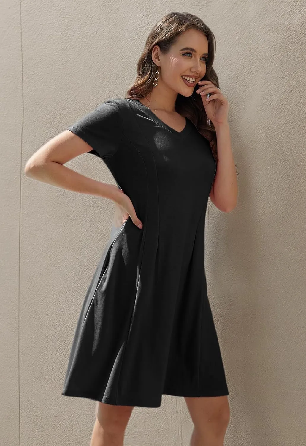 Alaster Queen Womens 2025 Casual Summer Dresses Flowing V Neck Mini Dress Short Sleeve T Shirts for Women with Pocket