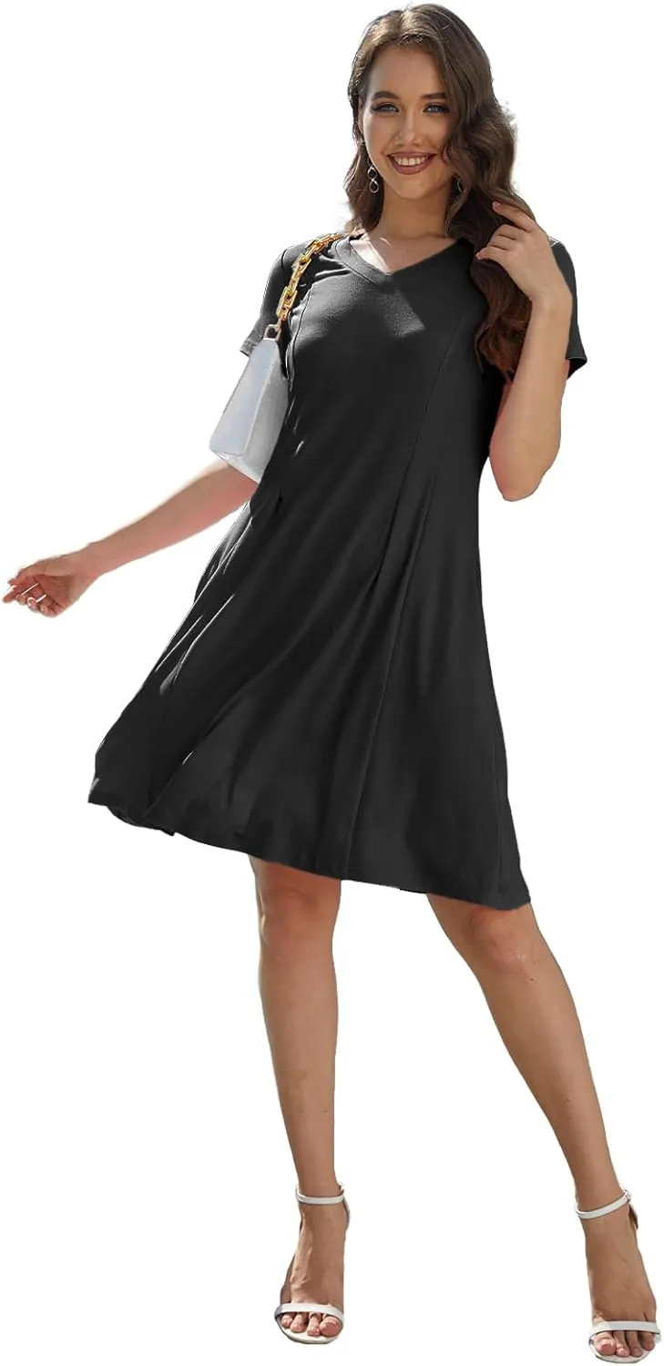 Alaster Queen Womens 2025 Casual Summer Dresses Flowing V Neck Mini Dress Short Sleeve T Shirts for Women with Pocket