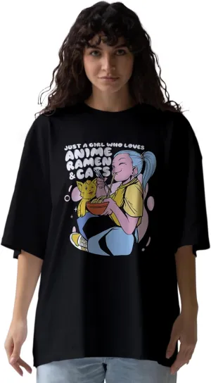 Anime Ramen Cats Trendy Oversized T-Shirts for Women, Cotton T-Shirts, Perfect for Casual Wear & Gifting | WB.6.9