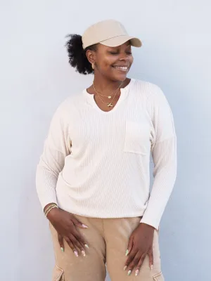 Arwen Two Tone Rib Pocket Top - Off White