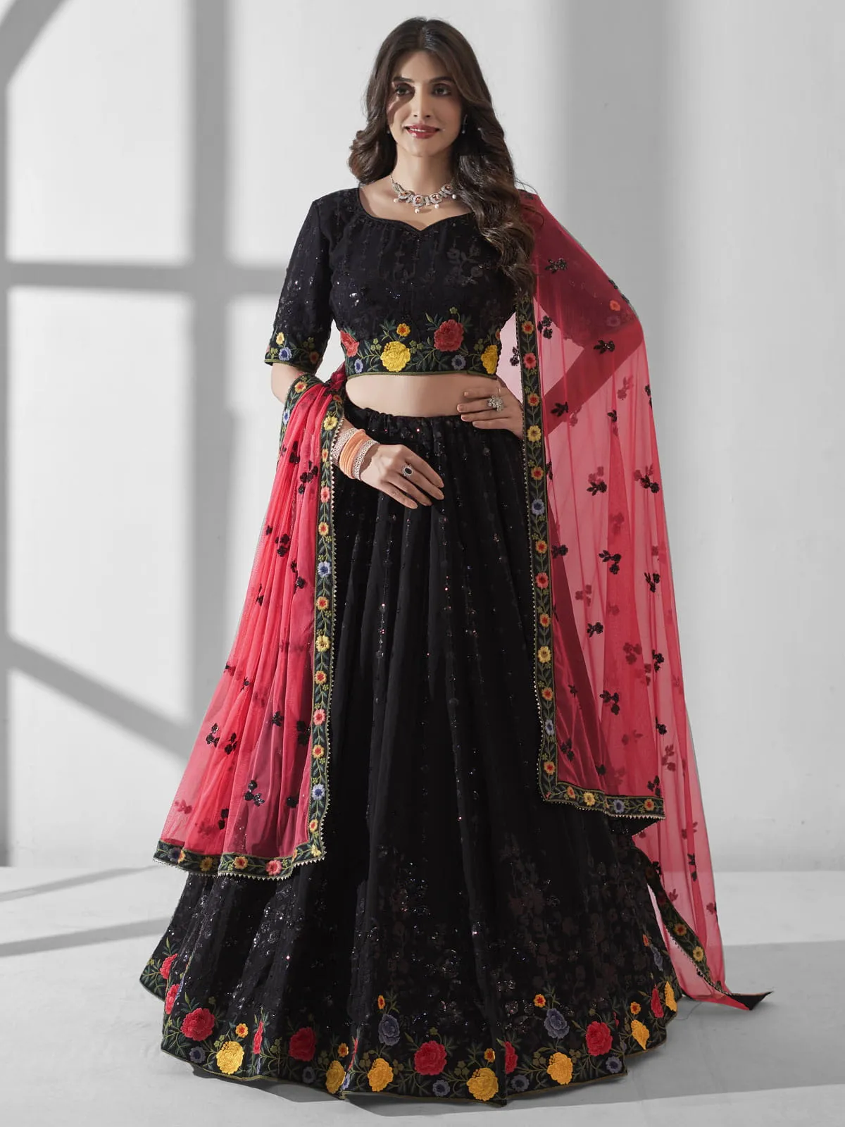 Black Multi Embroidered Wedding Festive Lehenga Choli