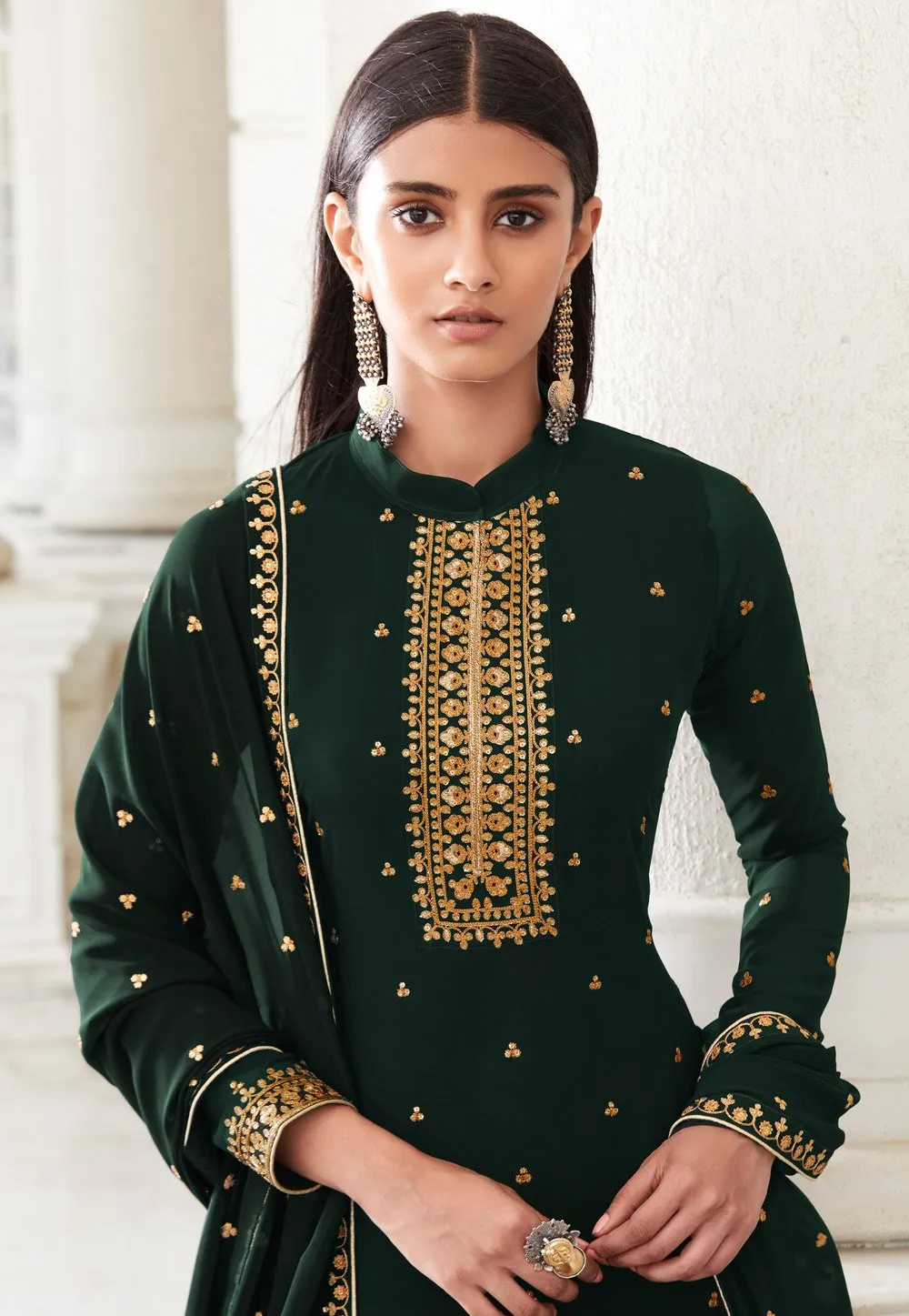 Bottle Green Zari Embroidered Flared Palazzo Suit