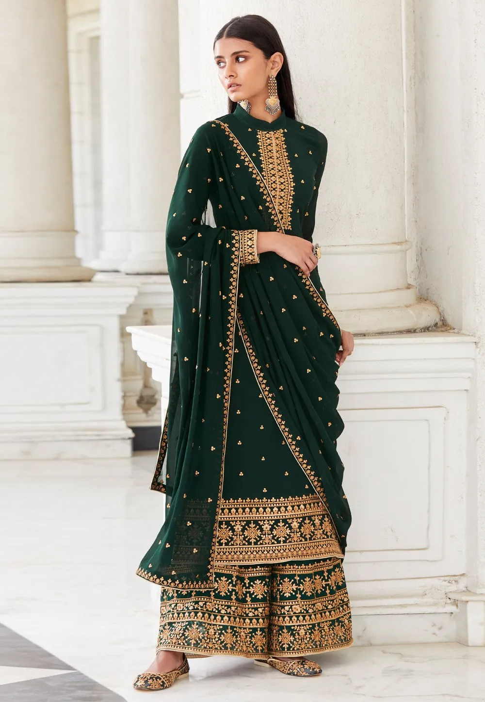 Bottle Green Zari Embroidered Flared Palazzo Suit