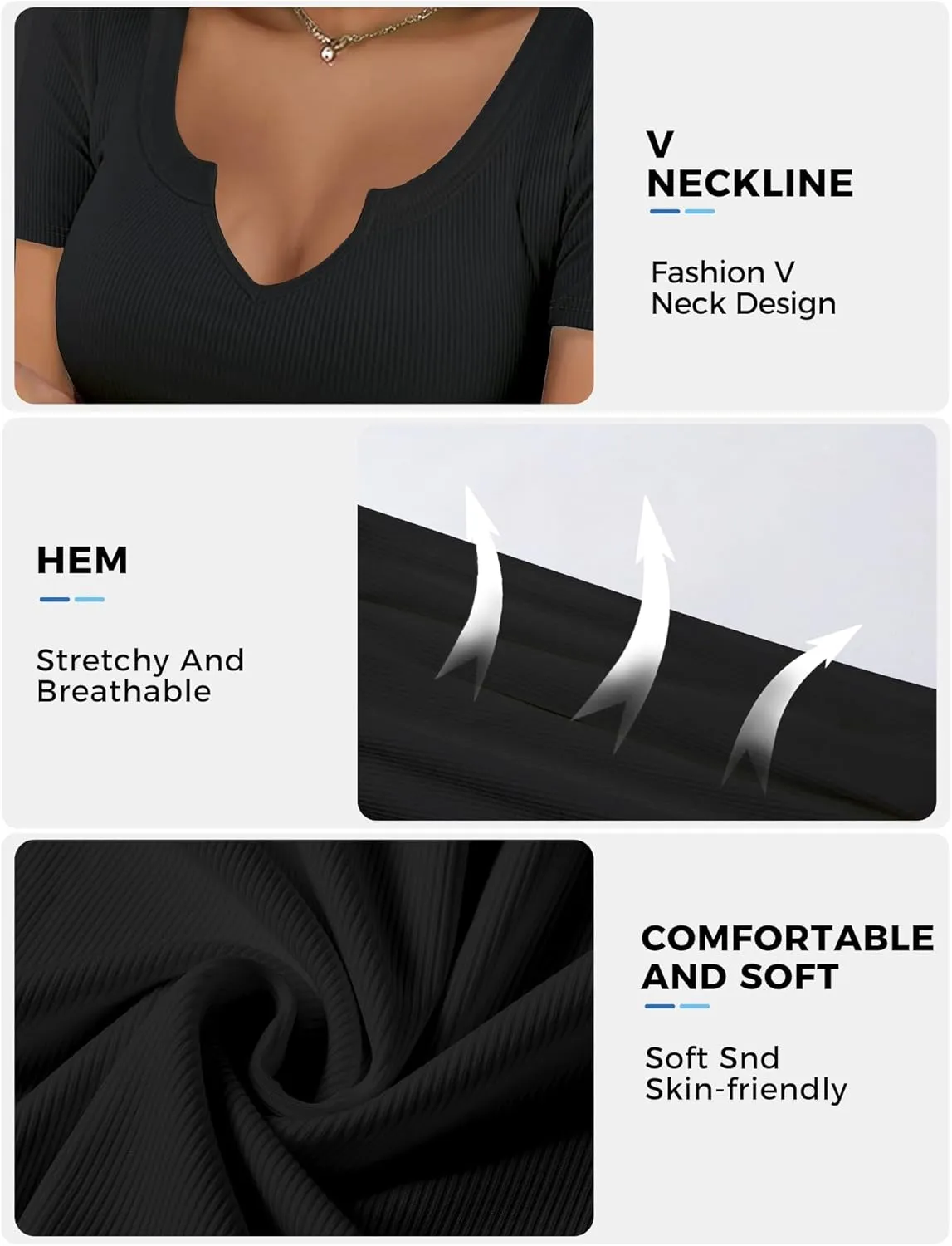 Buauty Women's Tops V Neck Shirts Short Sleeve Tshirt Fitted Basic Tees Summer Tunic Ribbed Sexy Clothes Casual Cute