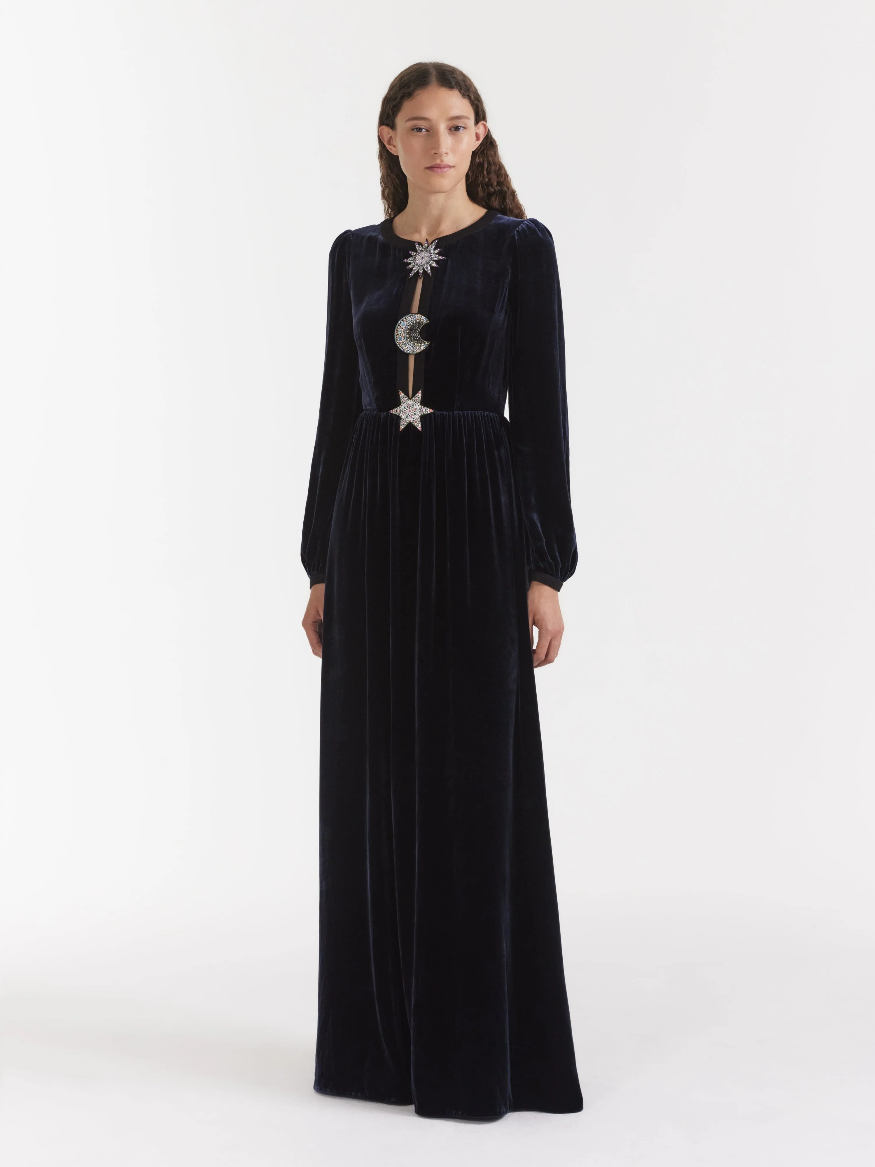 Camille Embellished Sun Moon Star Long Dress in Dark Navy