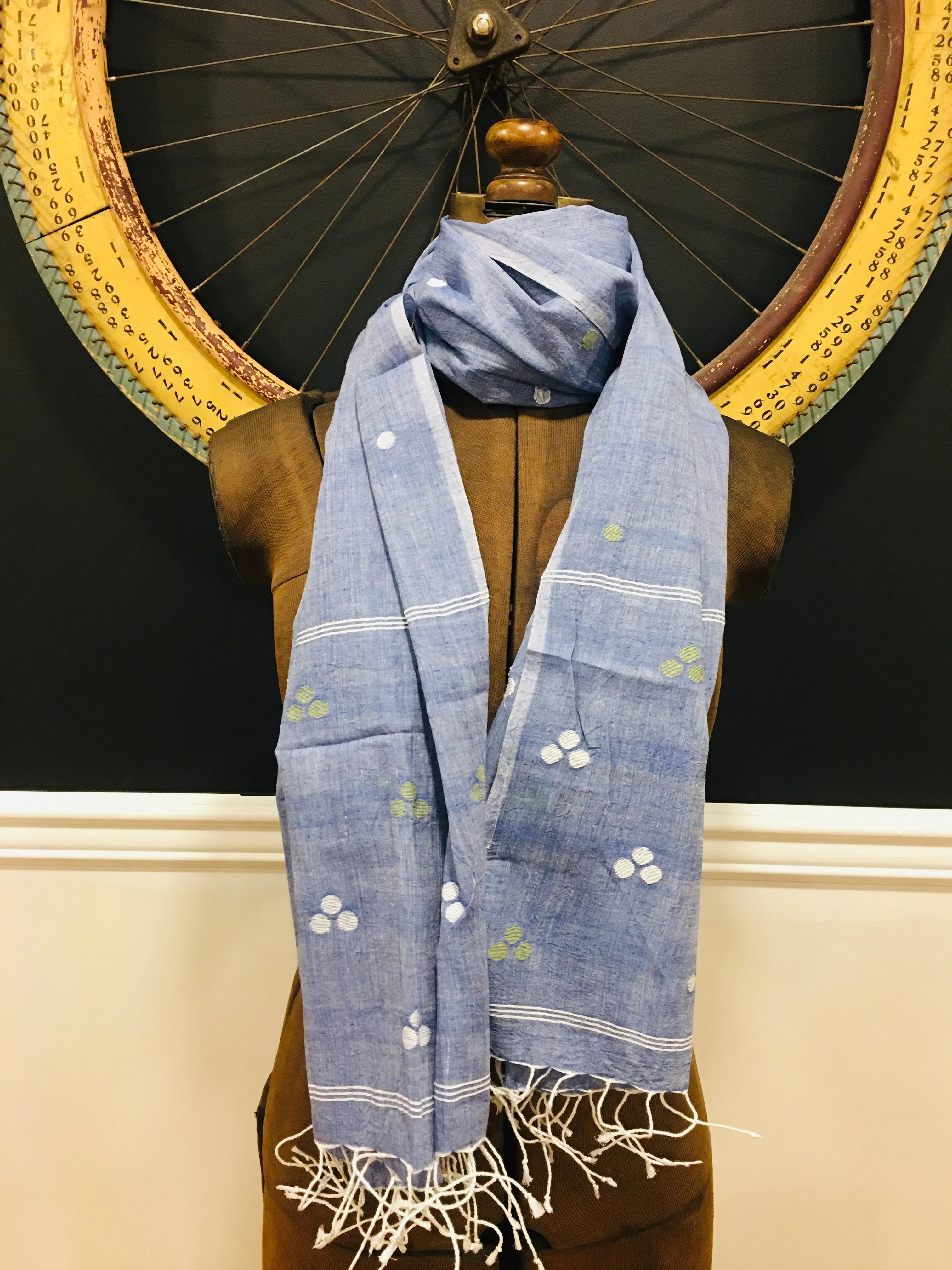 Cotton Jamdani - Blue  with multi colored dots