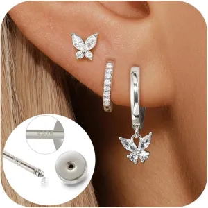 Dainty Pink Butterfly Earrings for Women, 14K Gold Plated Butterfly Hoop Earring Sets with S925 Sterling Silver Post, Pink Earring Stacks Jewelry