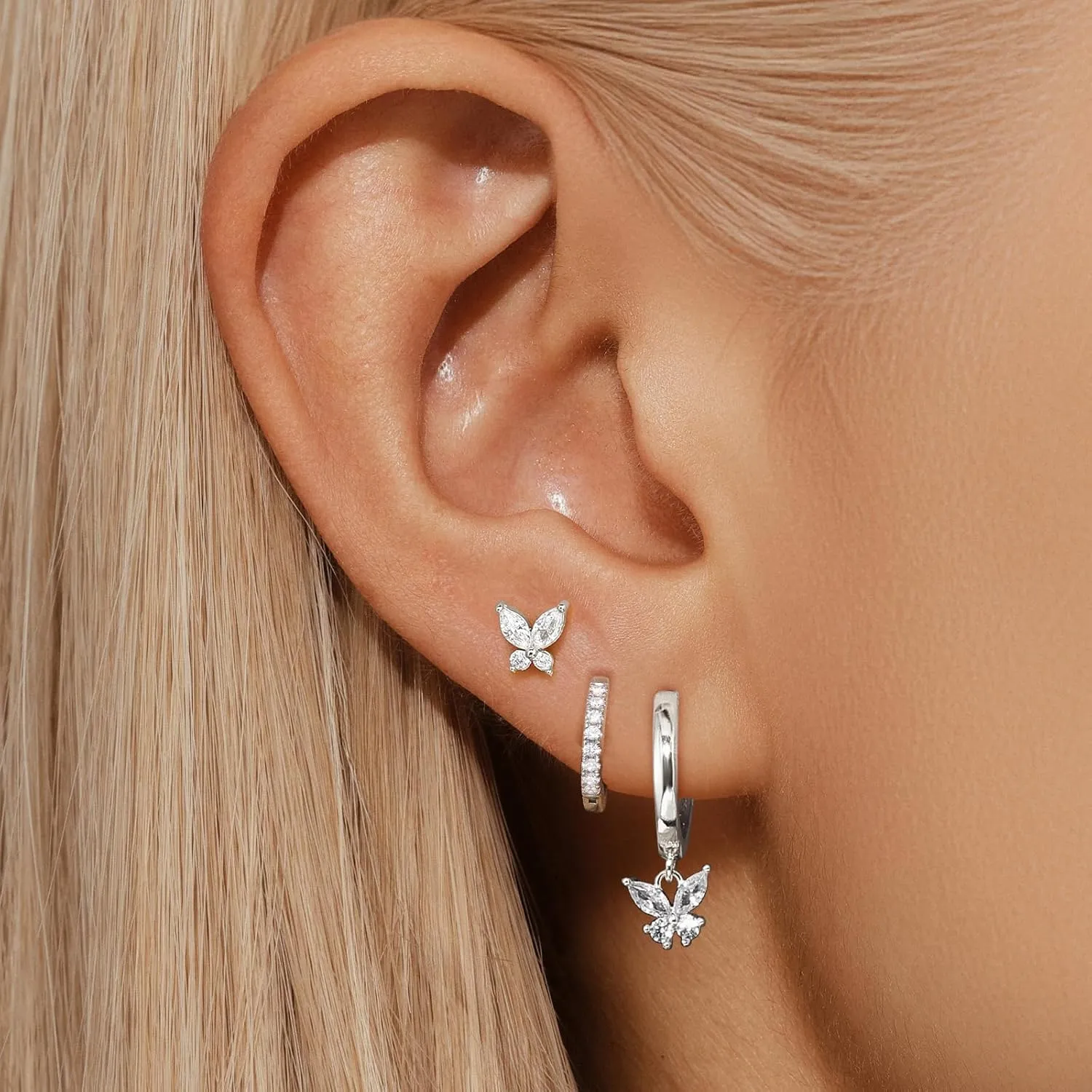 Dainty Pink Butterfly Earrings for Women, 14K Gold Plated Butterfly Hoop Earring Sets with S925 Sterling Silver Post, Pink Earring Stacks Jewelry