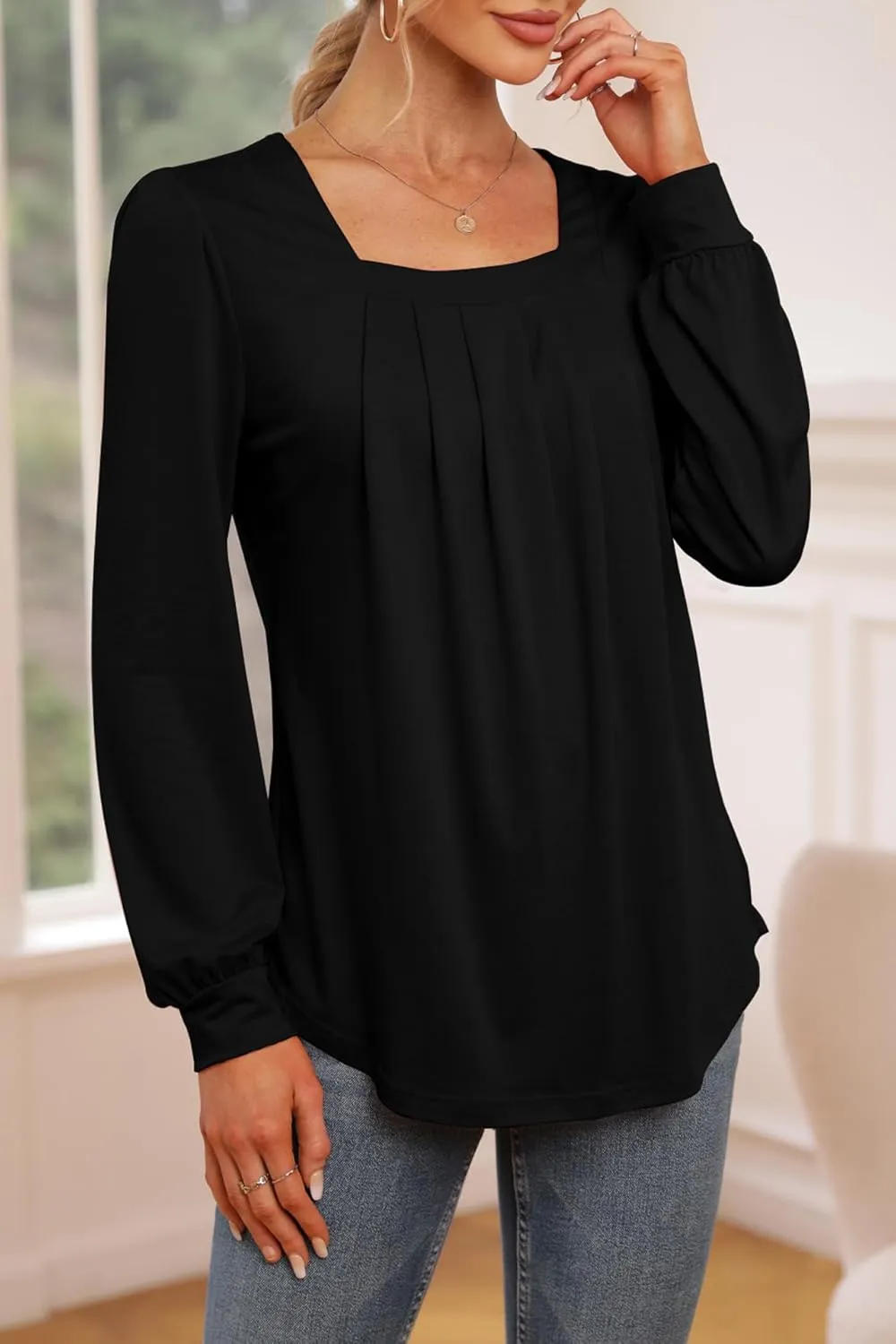Danedvi Womens Square Neck Long Sleeve Tunic Tops Casual Pleated Puff Sleeve T Shirts Fall Loose Blouse Tee Black
