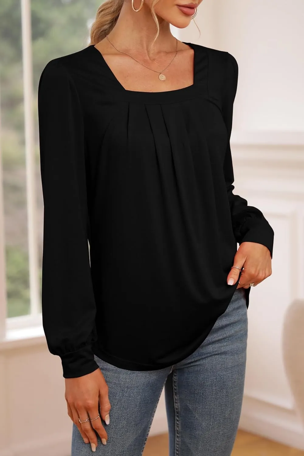 Danedvi Womens Square Neck Long Sleeve Tunic Tops Casual Pleated Puff Sleeve T Shirts Fall Loose Blouse Tee Black