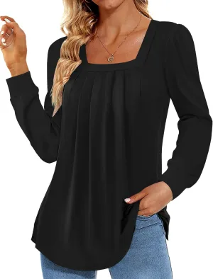 Danedvi Womens Square Neck Long Sleeve Tunic Tops Casual Pleated Puff Sleeve T Shirts Fall Loose Blouse Tee Black