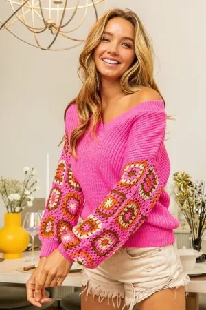 Edith V-Neck Crochet Long Sleeve Sweater