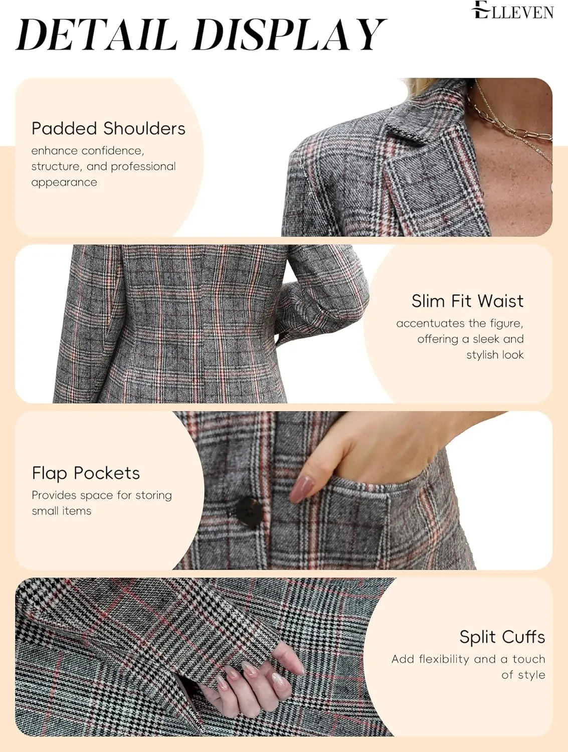 ELLEVEN Women's Lapel Collar Plaid 2 Button Boyfriend Blazer Suit Houndstooth Work Office Blazer Jacket