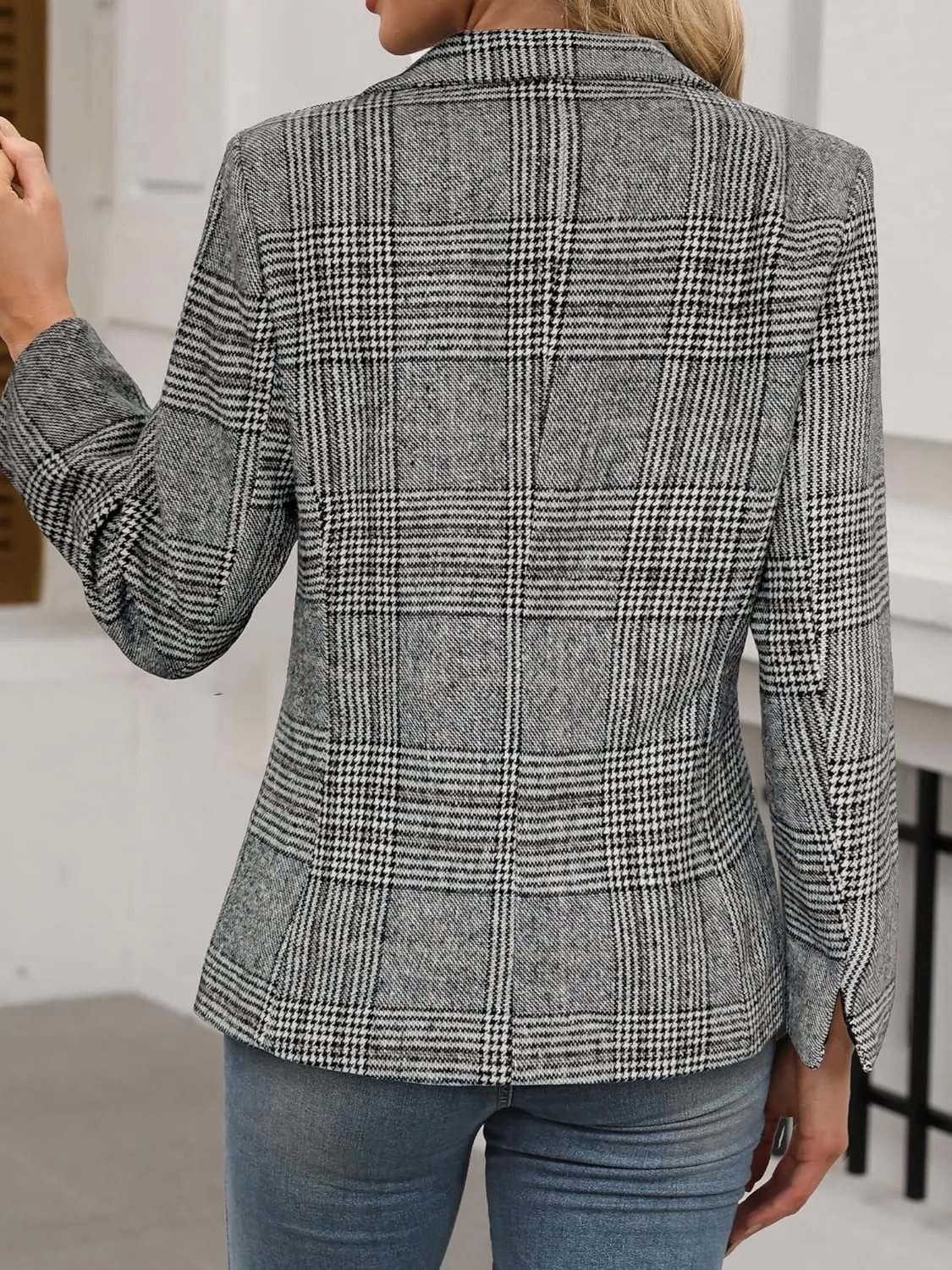 ELLEVEN Women's Lapel Collar Plaid 2 Button Boyfriend Blazer Suit Houndstooth Work Office Blazer Jacket