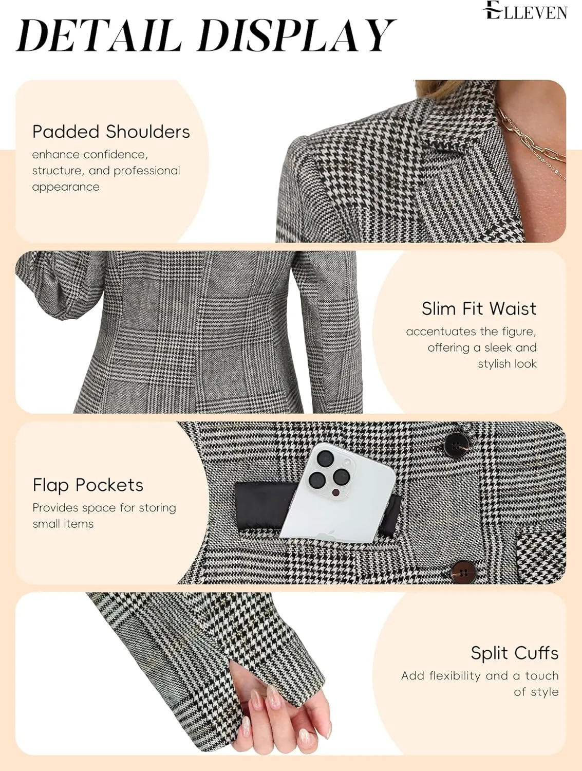 ELLEVEN Women's Lapel Collar Plaid 2 Button Boyfriend Blazer Suit Houndstooth Work Office Blazer Jacket