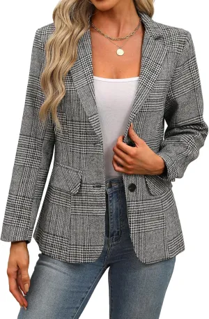 ELLEVEN Women's Lapel Collar Plaid 2 Button Boyfriend Blazer Suit Houndstooth Work Office Blazer Jacket