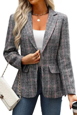 ELLEVEN Women's Lapel Collar Plaid 2 Button Boyfriend Blazer Suit Houndstooth Work Office Blazer Jacket