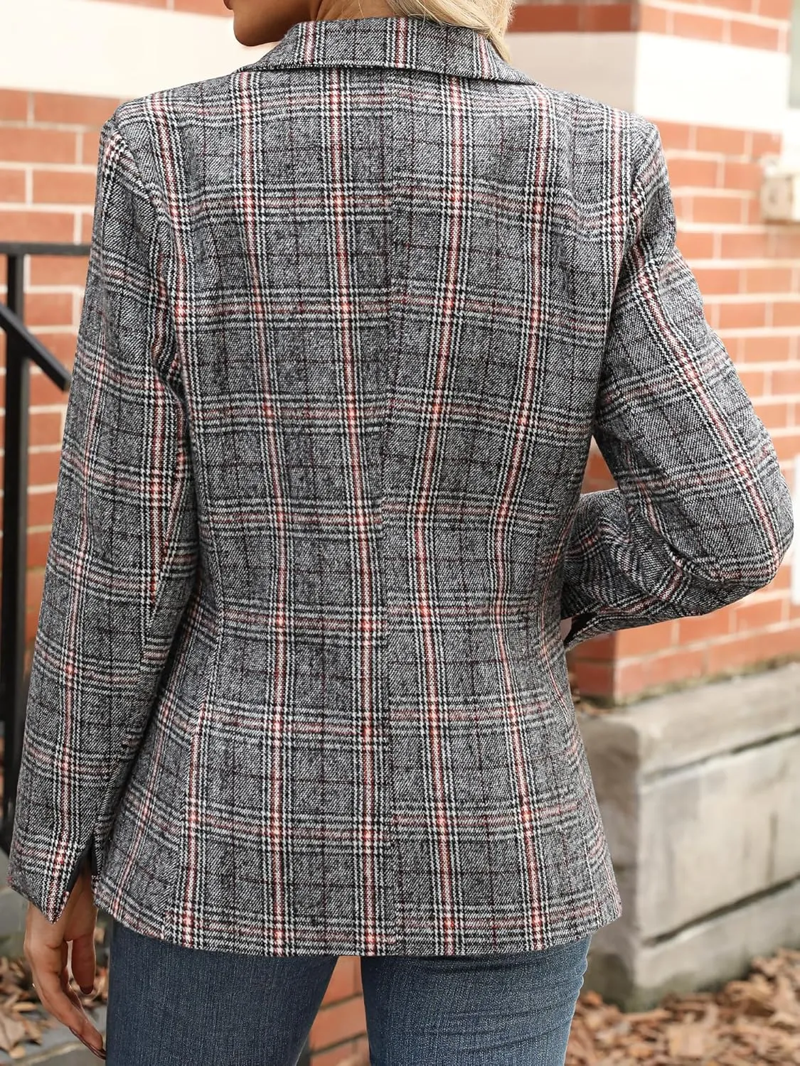 ELLEVEN Women's Lapel Collar Plaid 2 Button Boyfriend Blazer Suit Houndstooth Work Office Blazer Jacket