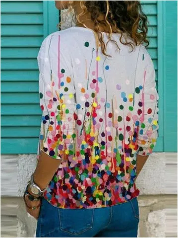Fashion commuter style stunning printed V-neck long-sleeved T-shirt