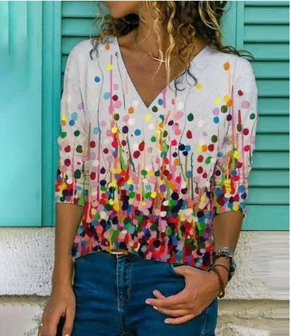 Fashion commuter style stunning printed V-neck long-sleeved T-shirt