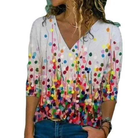 Fashion commuter style stunning printed V-neck long-sleeved T-shirt