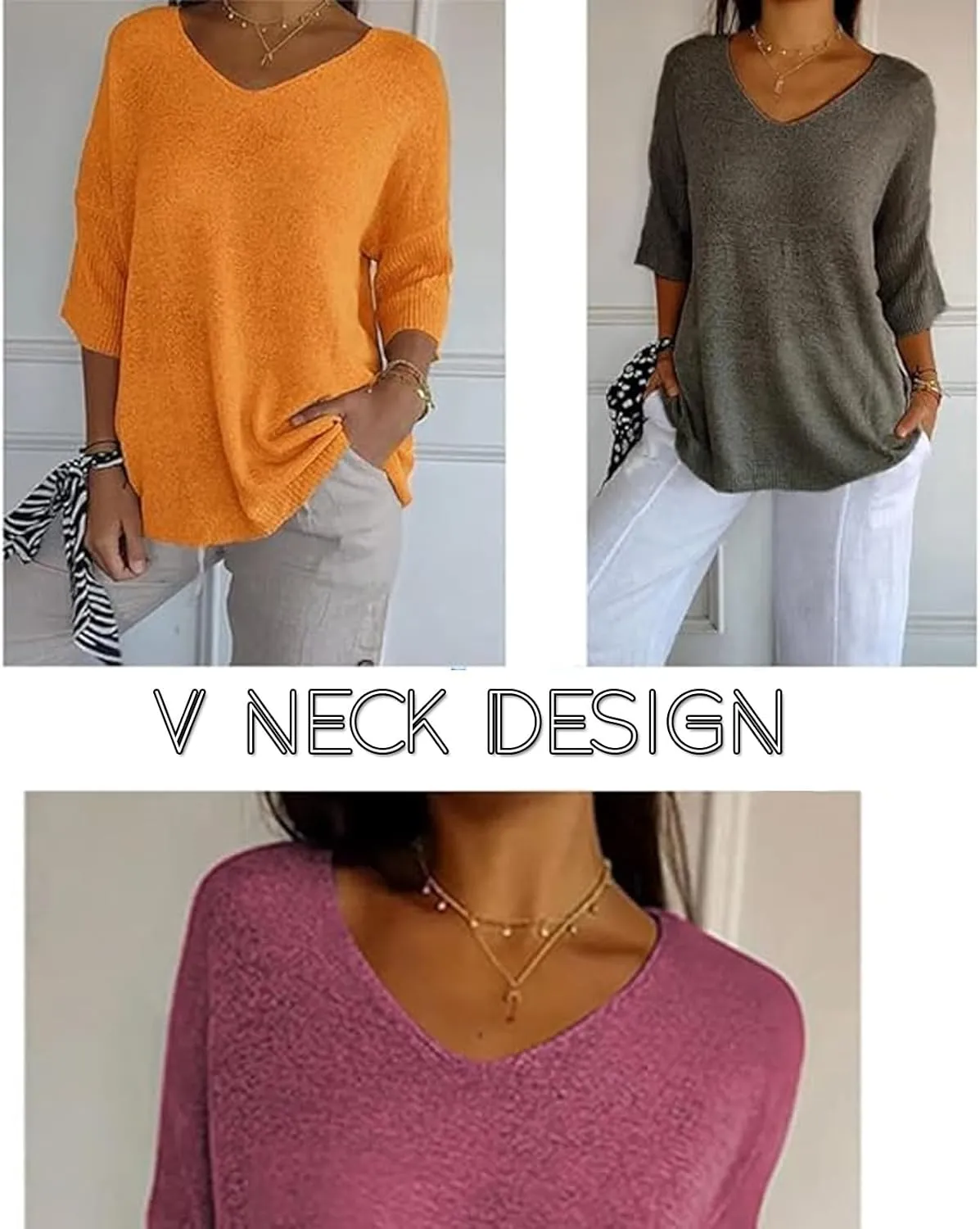 Flowarmth Solid Color Knitted V-Neck Top,Women's Solid Color Knitted V-Neck Top, Lightweight 3/4 Sleeve Sweater