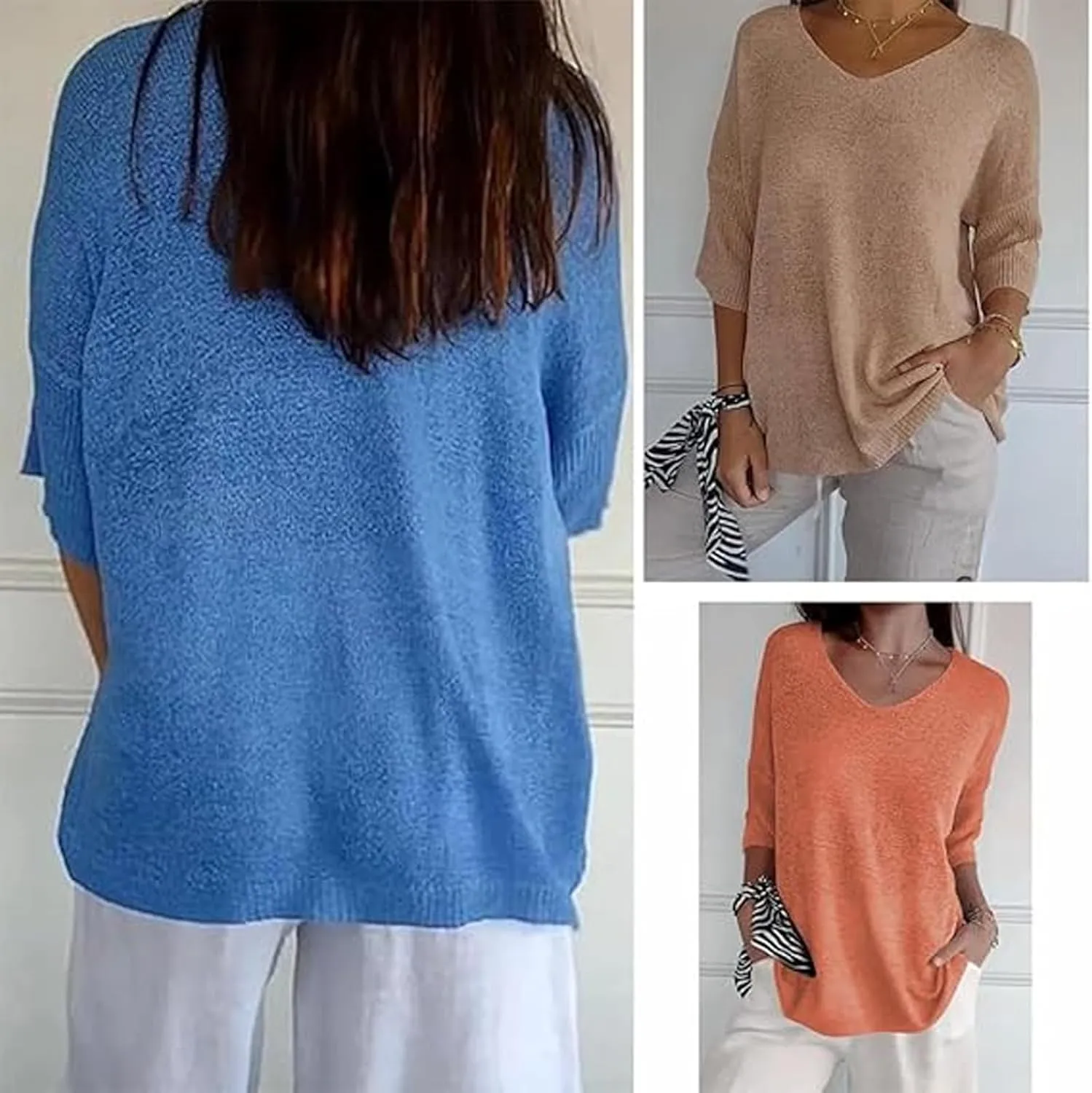 Flowarmth Solid Color Knitted V-Neck Top,Women's Solid Color Knitted V-Neck Top, Lightweight 3/4 Sleeve Sweater