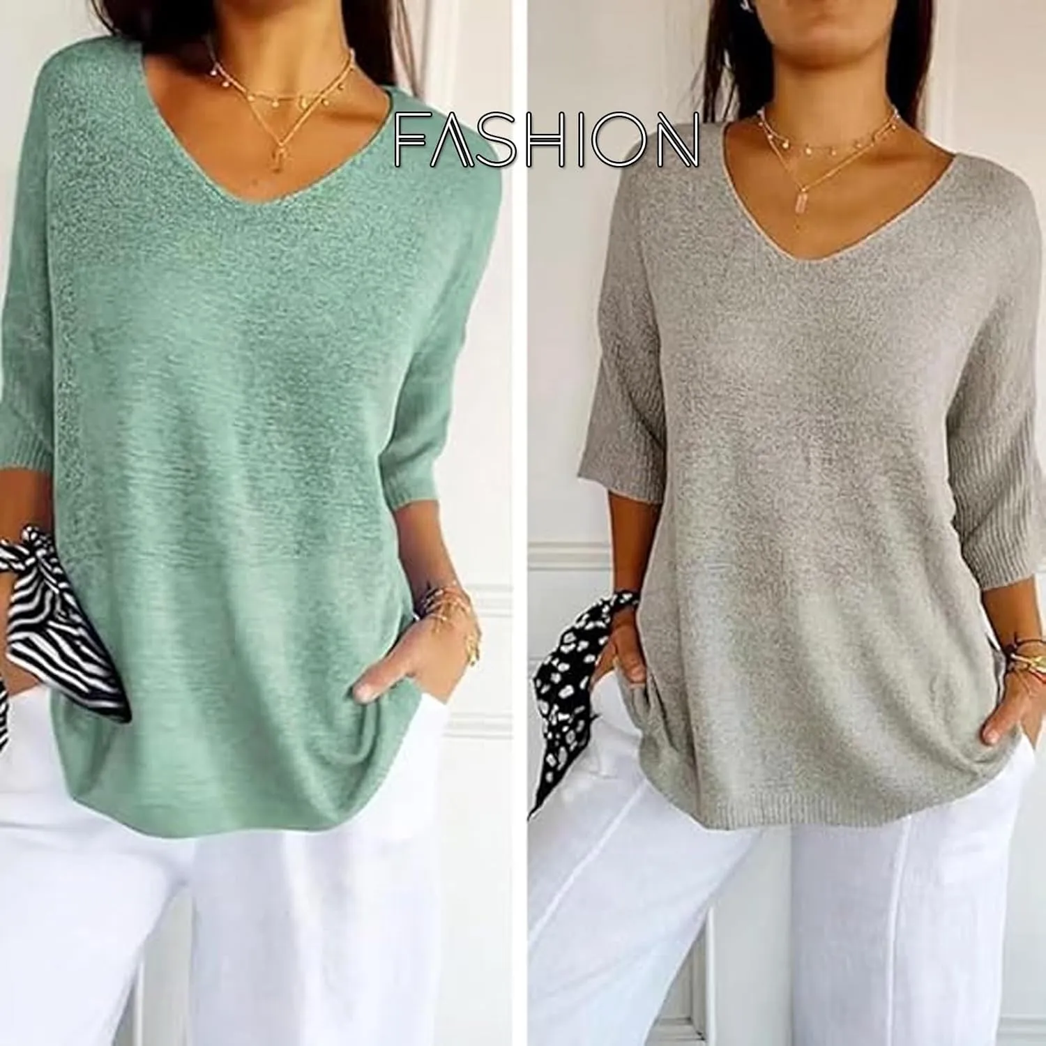 Flowarmth Solid Color Knitted V-Neck Top,Women's Solid Color Knitted V-Neck Top, Lightweight 3/4 Sleeve Sweater