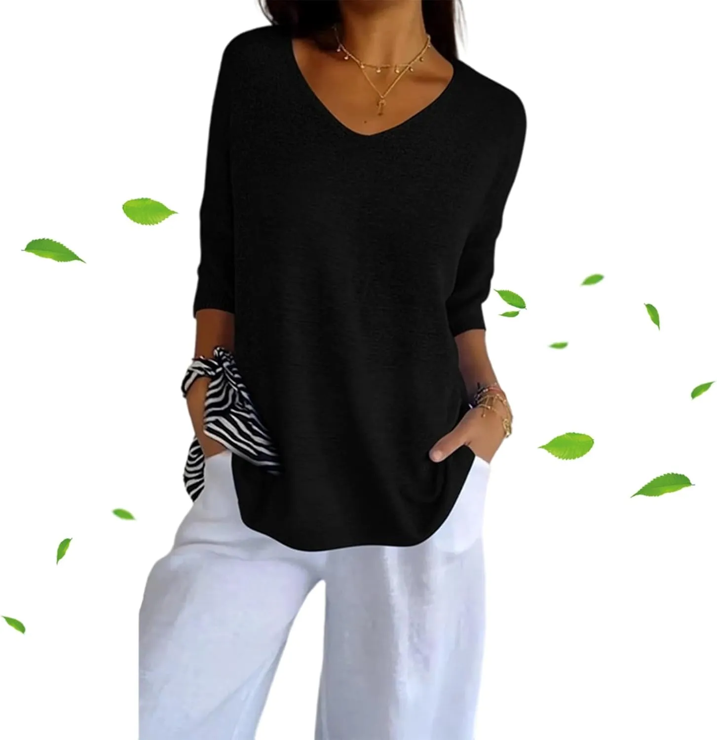 Flowarmth Solid Color Knitted V-Neck Top,Women's Solid Color Knitted V-Neck Top, Lightweight 3/4 Sleeve Sweater