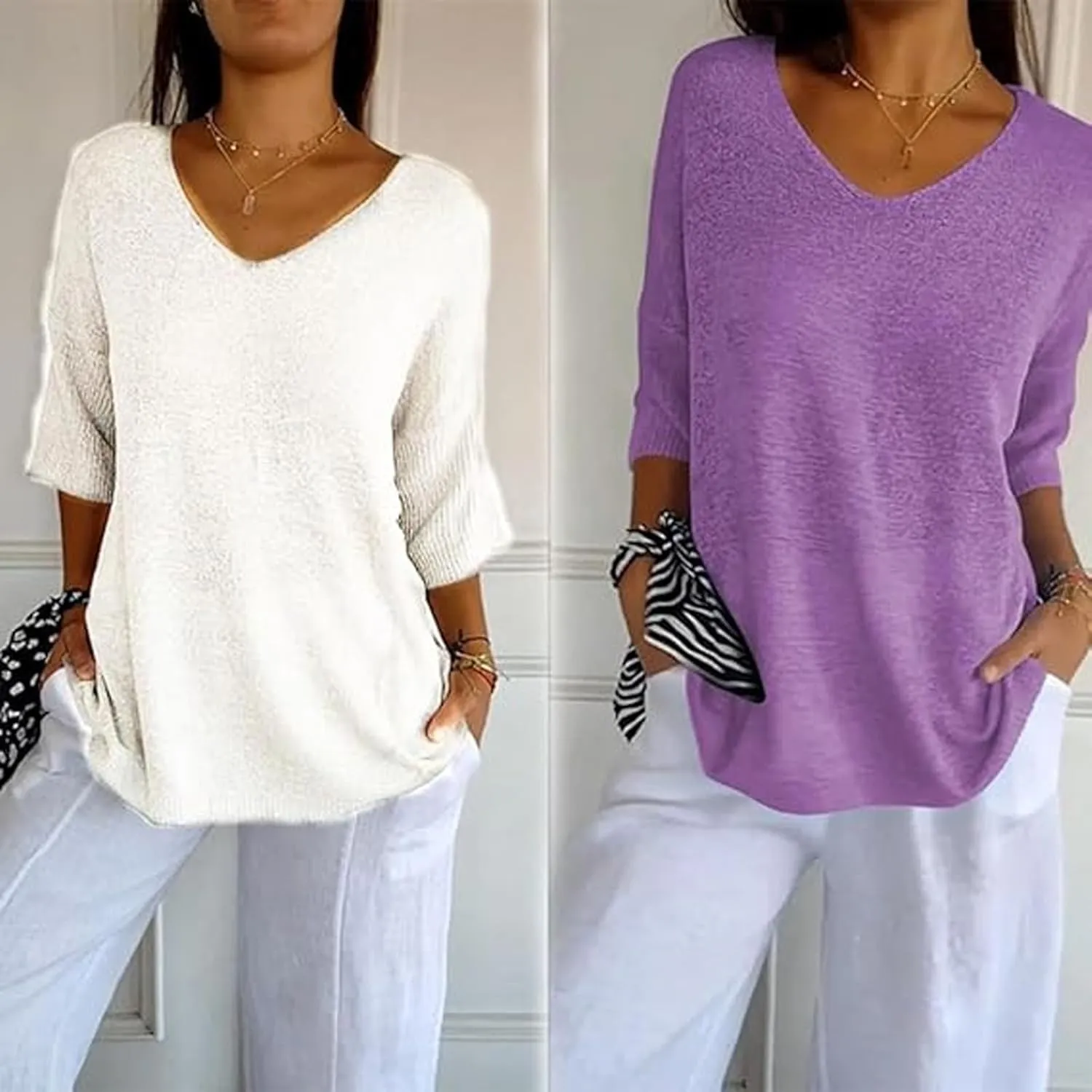 Flowarmth Solid Color Knitted V-Neck Top,Women's Solid Color Knitted V-Neck Top, Lightweight 3/4 Sleeve Sweater