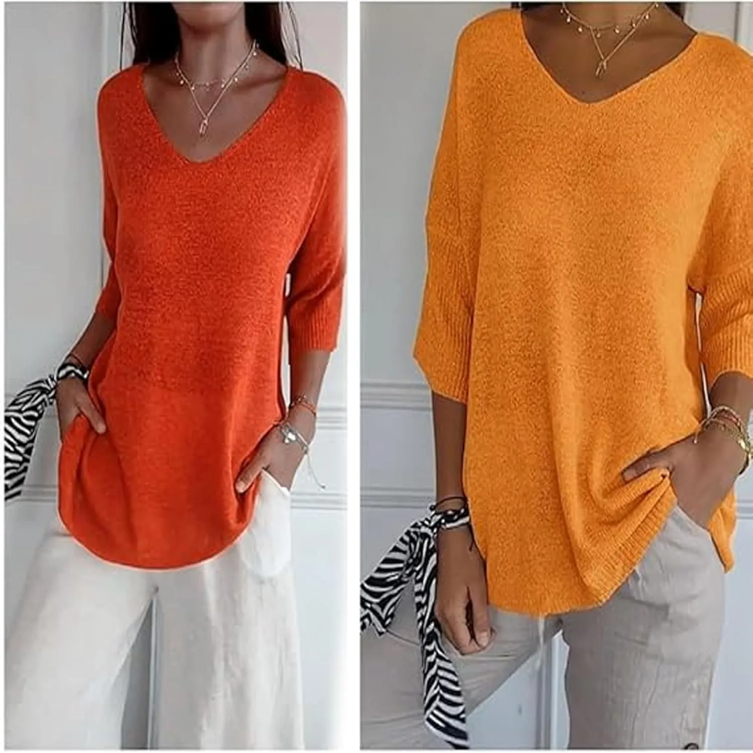 Flowarmth Solid Color Knitted V-Neck Top,Women's Solid Color Knitted V-Neck Top, Lightweight 3/4 Sleeve Sweater
