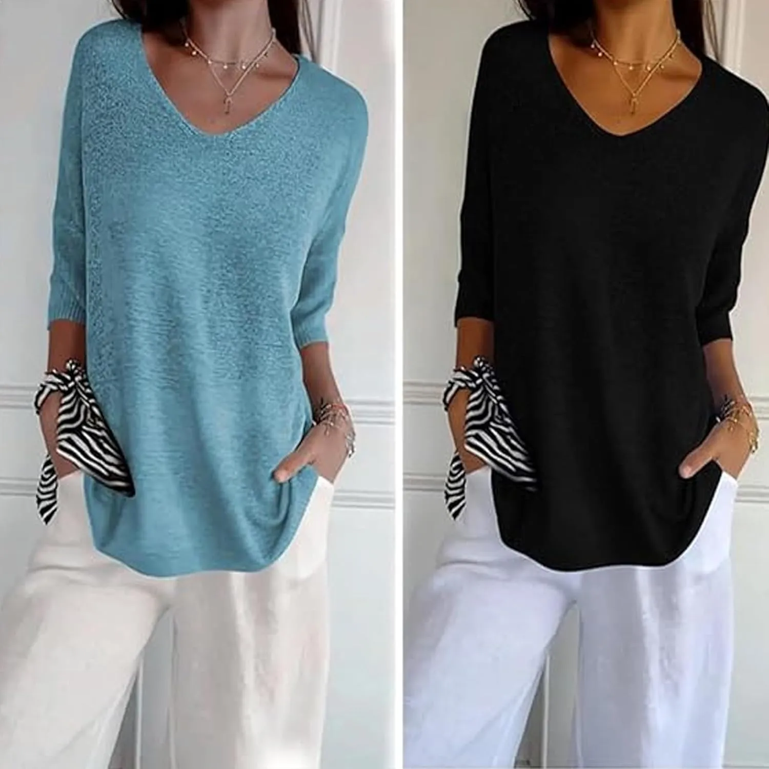 Flowarmth Solid Color Knitted V-Neck Top,Women's Solid Color Knitted V-Neck Top, Lightweight 3/4 Sleeve Sweater