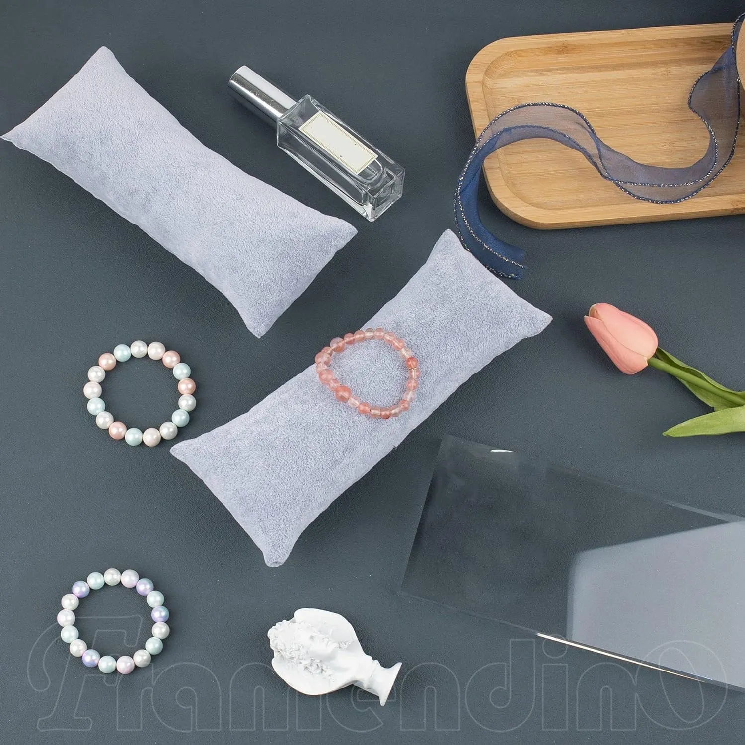 Framendino, 2 Pack Gray Long Watch Pillow Velvet Bracelet Bangle Cushions Display Pillows for Jewelry Show Organizer