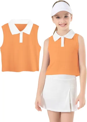 Girls Crop Tops Sleeveless Polo Shirts Athletic Tank Tops Golf Tennis T-Shirts with Collared Quick Dry Casual