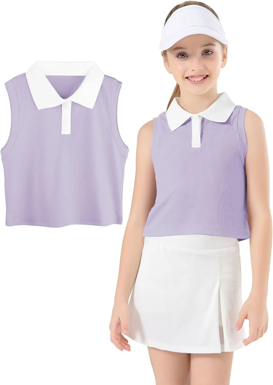Girls Crop Tops Sleeveless Polo Shirts Athletic Tank Tops Golf Tennis T-Shirts with Collared Quick Dry Casual