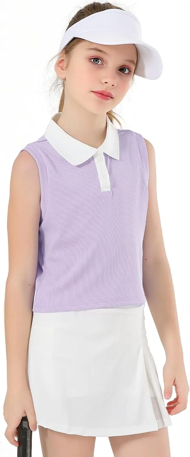 Girls Crop Tops Sleeveless Polo Shirts Athletic Tank Tops Golf Tennis T-Shirts with Collared Quick Dry Casual