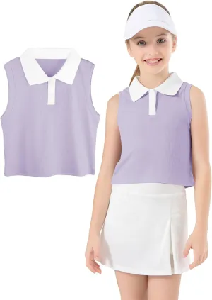 Girls Crop Tops Sleeveless Polo Shirts Athletic Tank Tops Golf Tennis T-Shirts with Collared Quick Dry Casual