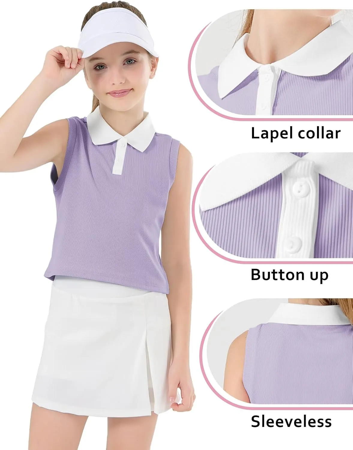 Girls Crop Tops Sleeveless Polo Shirts Athletic Tank Tops Golf Tennis T-Shirts with Collared Quick Dry Casual