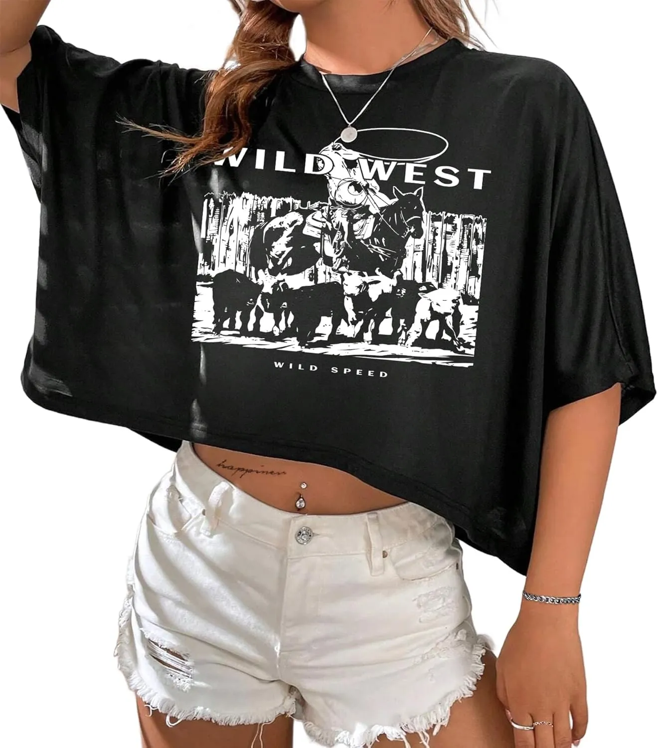 Hilinker Womens Oversized Graphic Tee Batwing Short Sleeve Crop Tops Summer Casual Loose T Shirts