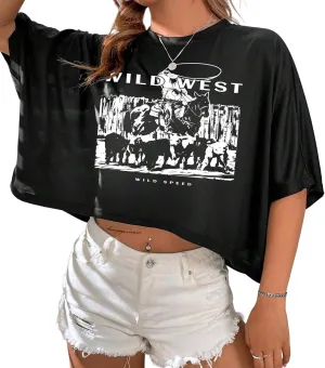 Hilinker Womens Oversized Graphic Tee Batwing Short Sleeve Crop Tops Summer Casual Loose T Shirts