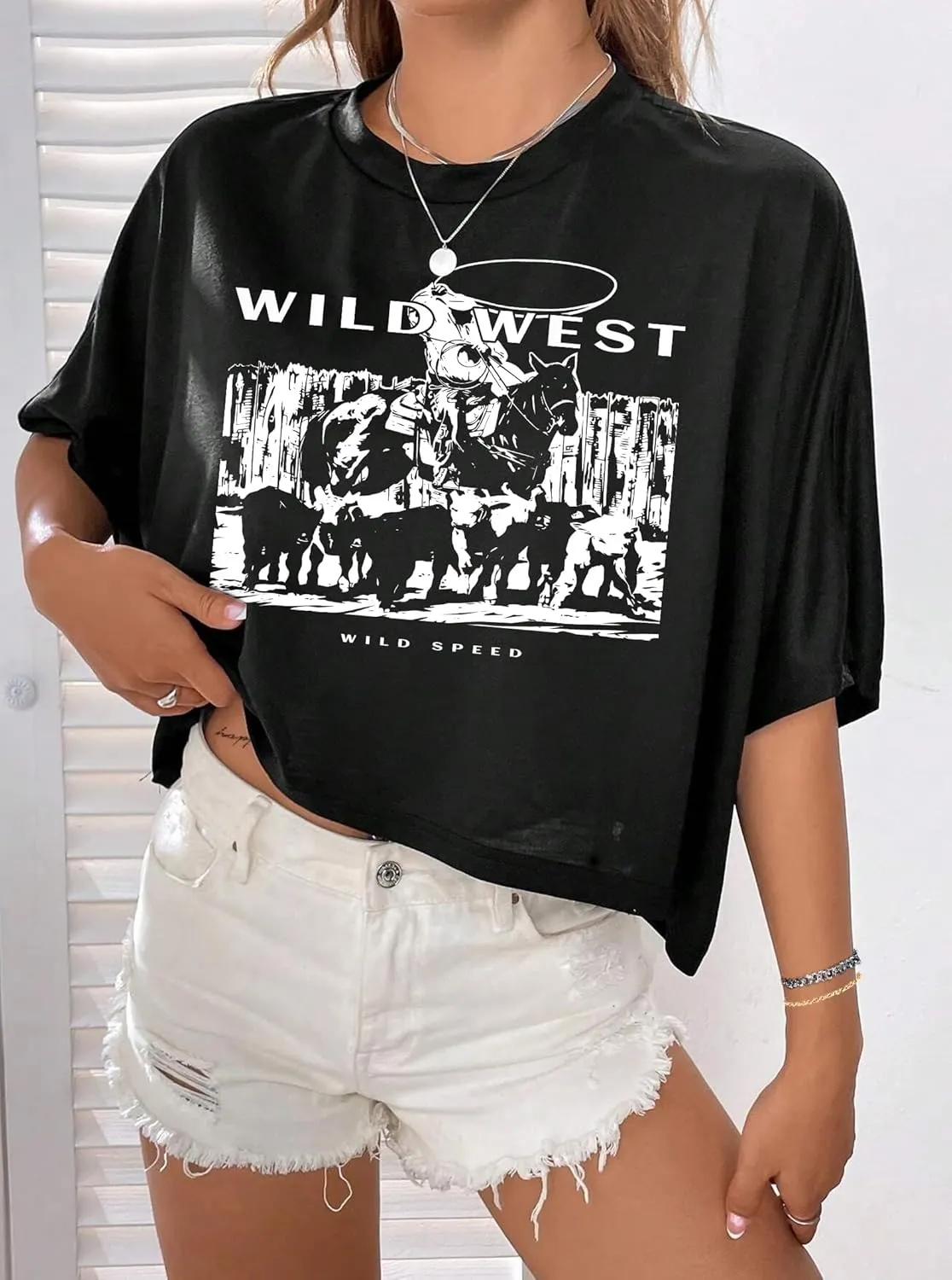 Hilinker Womens Oversized Graphic Tee Batwing Short Sleeve Crop Tops Summer Casual Loose T Shirts