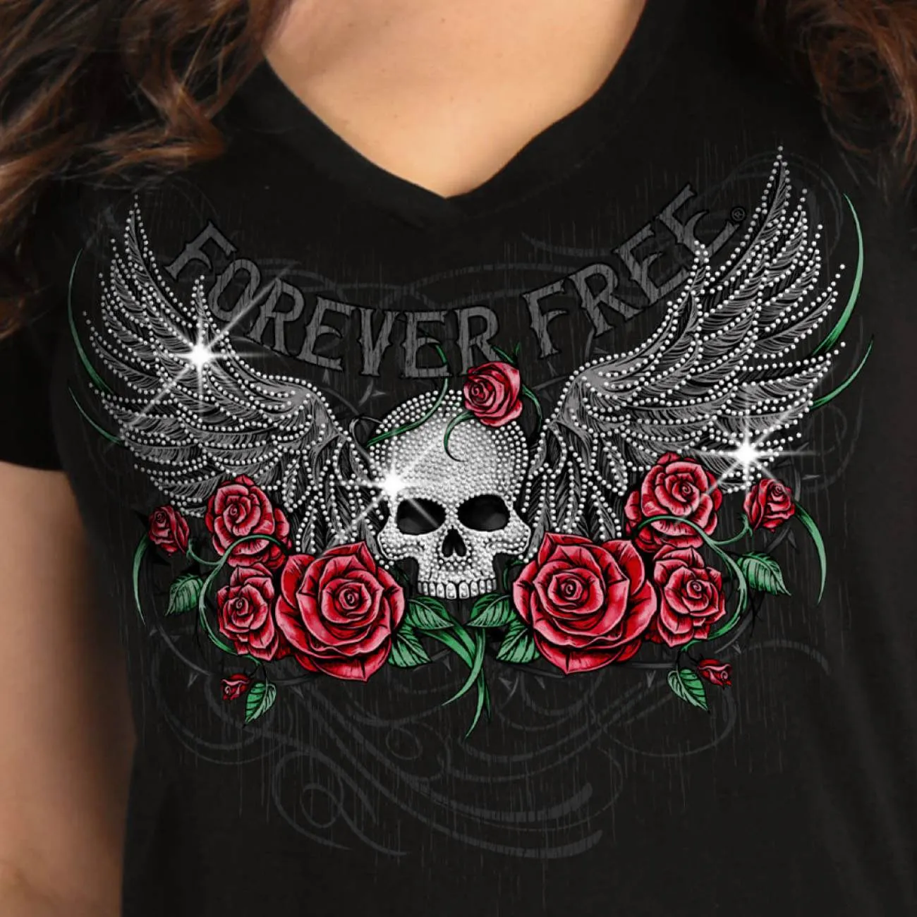 Hot Leathers GLR1575 Women's Black Short Sleeve Skull Wing Roses